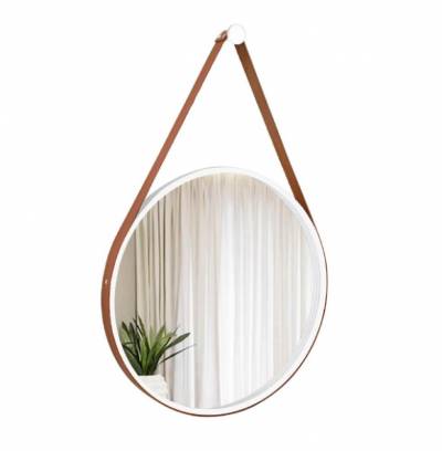 Espelho Decorativo Adnet 50cm Branco com Alça Caramelo